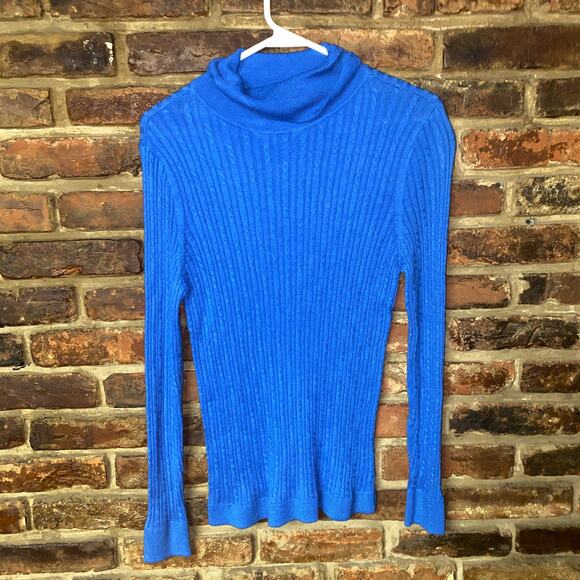 NWT Talbots Blue Cable Knit Pullover Turtleneck Sweater Size LP Petite Large - Picture 1 of 7
